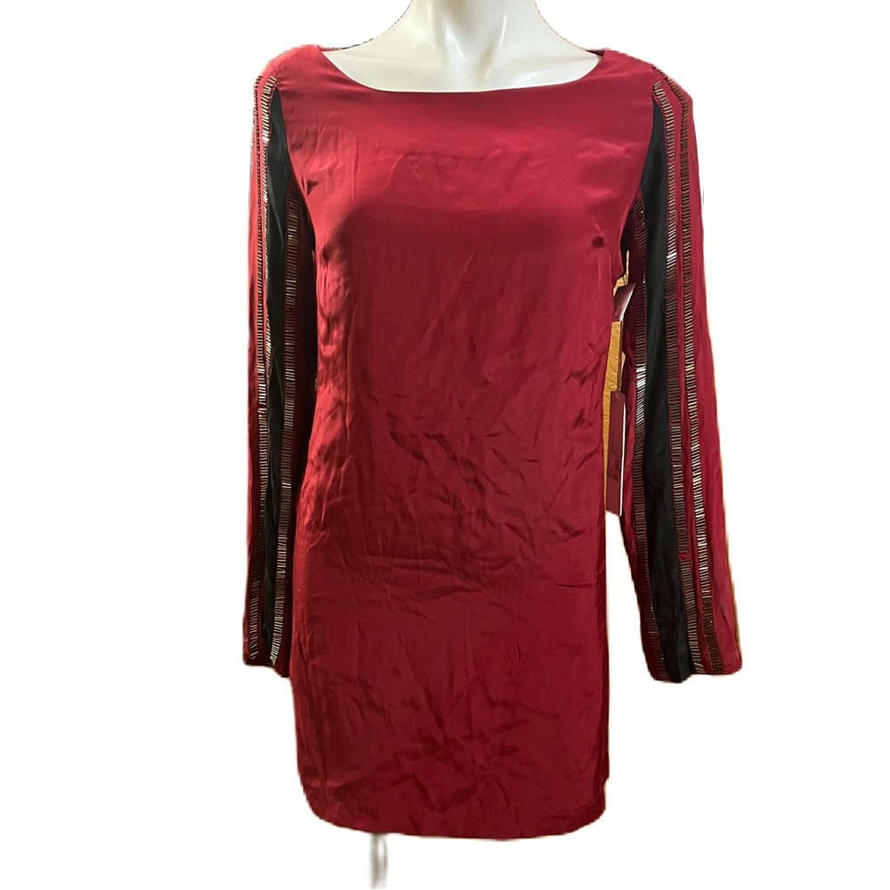 Line & Dot Red Silk Beaded Long-Sleeve Shift Dress Small